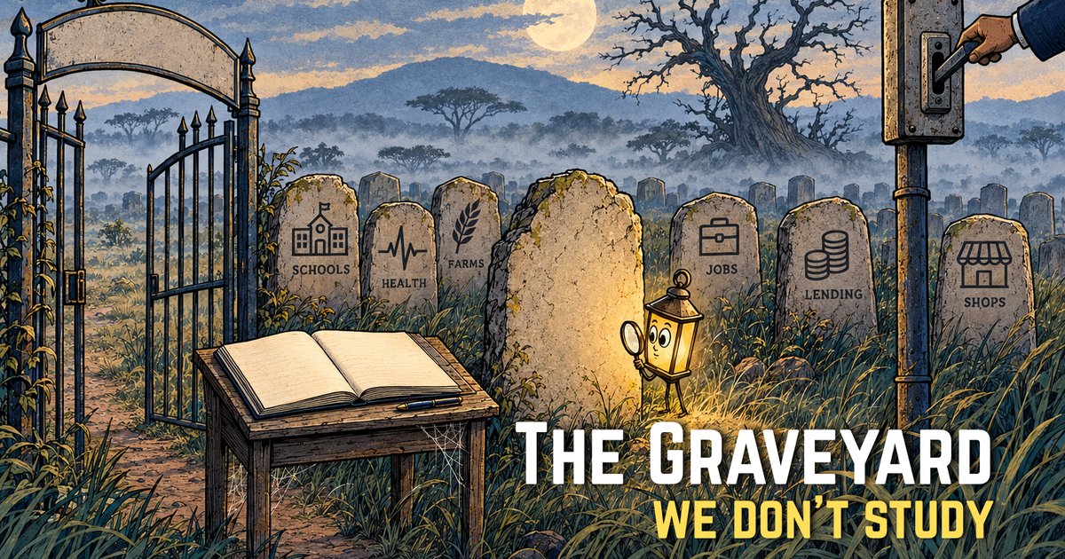 A cartoon graveyard. Each gravestone carries the name of a program or business in Tanzania that stopped, and the year it ended.